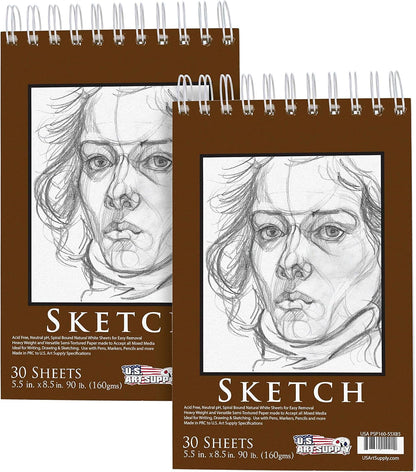 U.S. Art Supply 5.5”x8.5 Premium Heavy-Weight Paper Spiral Bound Sketch Book: 90 Pound (160gsm), 30-Sheet Drawing Pad (2 Pack) - Crafty Corner