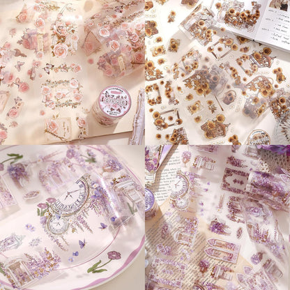 4 Rolls Pre-Cut pet Flower Tape Stickers Flower Vintage Stickers Decorative Tape Aesthetic Stickers for Journaling, Scrapbook Supplies