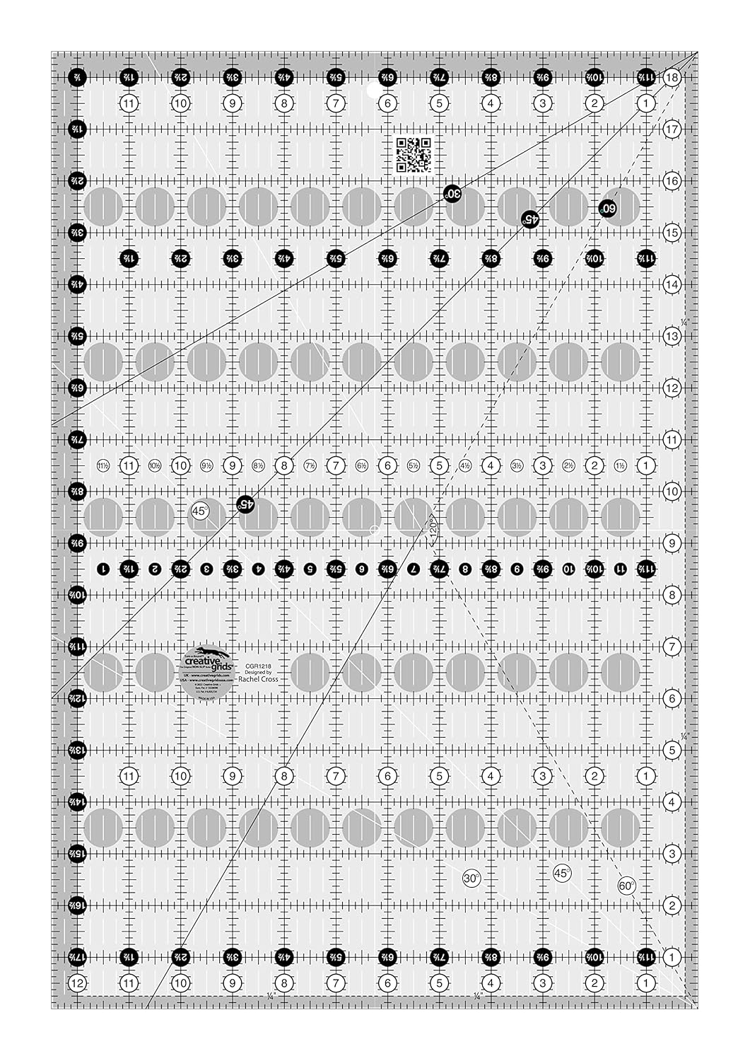 Creative Grids Quilt Ruler 12-1/2in x 18-1/2in Rectangle – CGR1218 – Made in USA, Non-Slip Grip Acrylic Quilting, Sewing, Crafting, Patchwork Ruler for Measuring & Cutting Fabric