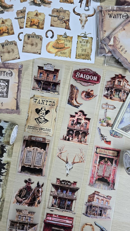 Wild West Transparent Vintage Washi Tape 5x5 cm x 100 cm – Decorative Scrapbooking Craft Adhesive Roll, Western Cowboy Art, Rustic Frontier Illustration for Journals, Planners, Cards & DIY Projects