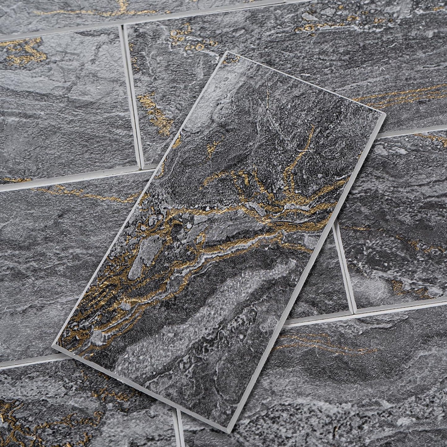 4 Pieces Peel and Stick Backsplash for Kitchen, 3" x 6" PVC Subway Tile 2025 Upgraded Gray-Gold Stone Backsplash Stick on Tile Elevate Kitchen Fireplace RV