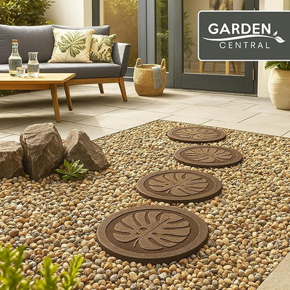 Garden Central 4-Pack 18”x18” Fake Tropical Leaf Rubber Stepping Stones, Round, Brown – Reversible Non-Slip Outdoor Faux Decorative Set for Landscaping – DIY Decor for Walkways & Yard Pathways