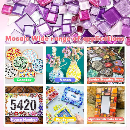 Glass Mosaic Tiles Crafts: Pre-Cut Waterproof Purple 300 Pieces for DIY Outdoor Home & Garden Art Projects - Decor Patio Stepping Stones Kits - Mother Gifts & Family Bonding Activities