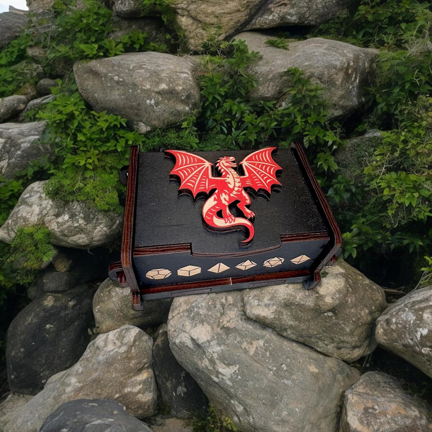 Dice Box - BLACK - 6x4x3 Also holds jewelry and great for desks and desk top items (The Red Dragon)