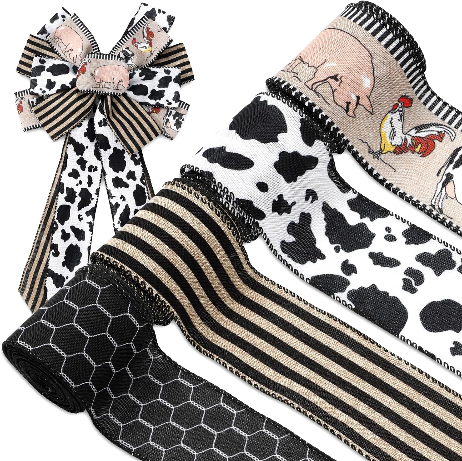 Farmhouse Animal Wired Edge Ribbons Cow Chick Pig Stripe Chicken Wire Decorative Fabric Wrapping Ribbons for DIY Crafts Wreath Bow Making Supplies, 4 Rolls, 24 Yard - Crafty Corner