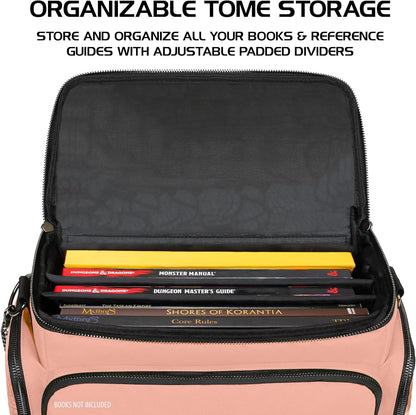 ENHANCE Collector's Edition RPG Adventurer's DnD Bag - Dragon Hide Exterior Travel RPG Bag with Tabletop Miniatures Storage Vault, Mat Holder, DnD Dice & Token Pockets, Fits 4-8 Books (Dragon Pink)