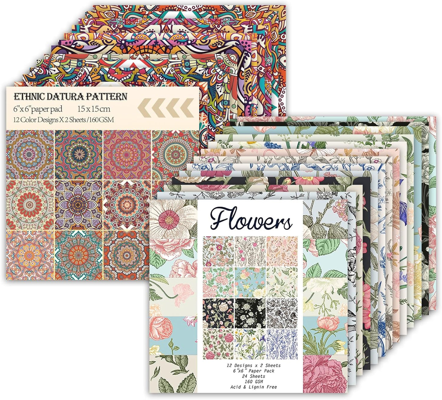48 Sheets 24 Designs Scrapbook Paper Pad, 6"×6" Single-Sided Decopodge Craft Cardstock Paper,Scrapbooking DIY Decorative Background Cardmaking Supplies.Datura&Flowers - Crafty Corner