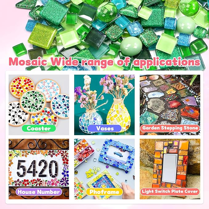 Glass Mosaic Tiles Crafts: Pre-Cut Waterproof 300 Pieces Green for DIY Outdoor Home & Garden Art Projects - Decor Patio Stepping Stones Kits - Mother Gifts & Family Bonding Activities