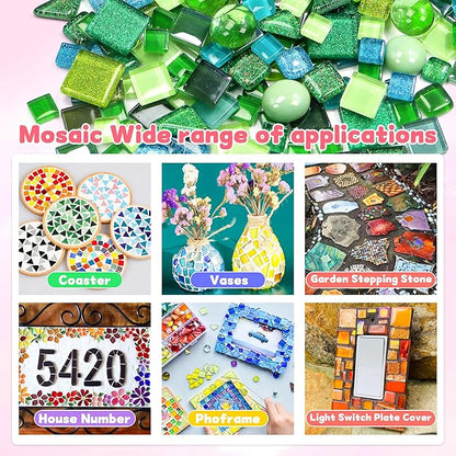 Glass Mosaic Tiles Crafts: Pre-Cut Waterproof 300 Pieces Green for DIY Outdoor Home & Garden Art Projects - Decor Patio Stepping Stones Kits - Mother Gifts & Family Bonding Activities