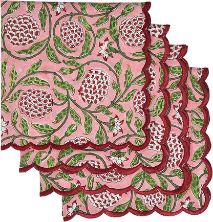 Ridhi Strawberry Pink Hand Block Print Napkins 18" x 18" Set of 4 Reusable Cotton Dinner Napkins for Weddings, Parties & Everyday Dining, Thanksgiving, Christmas, Fall