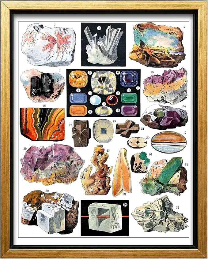 Poster Master Vintage Geology Canvas - Retro Crystals Print - Minerals & Large Rocks Art - Gift for Student & Teacher - Great Wall Decor for Classroom or Library - 16x20 Gold Framed Canvas