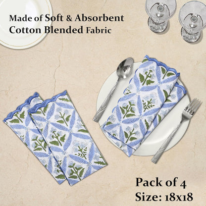 Ridhi Light Steel Blue Hand Block Print Napkins 18" x 18" Set of 4 Reusable Cotton Dinner Napkins for Weddings, Parties & Everyday Dining, Thanksgiving, Christmas, Fall