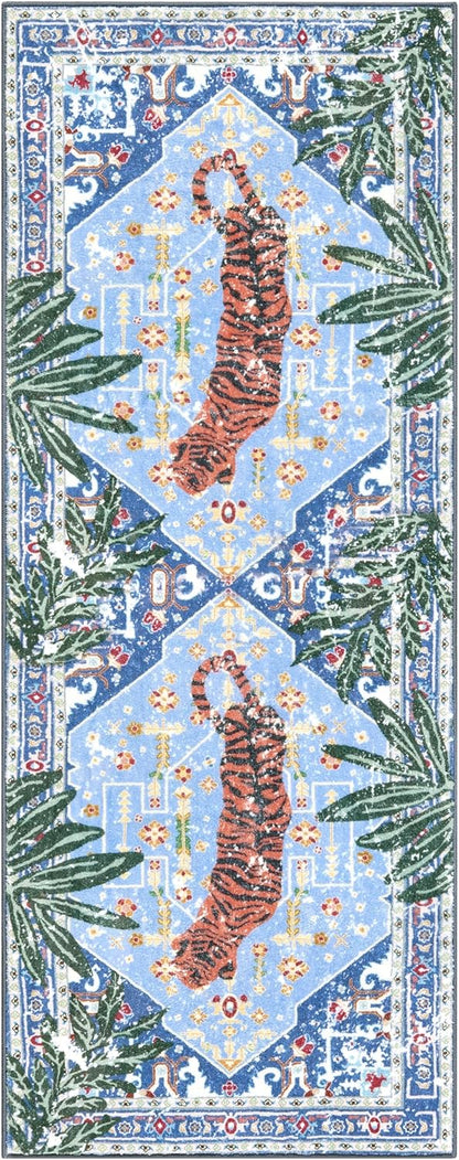 Oriental Tropical Kitchen Runner Rug 2x5 Washable, Thin Stain Resistant Blue Boho Bathroom Runner Rug for Hallway Entryway Bedroom Laundry, Vintage Abstract Hippie Botanical Long Carpet