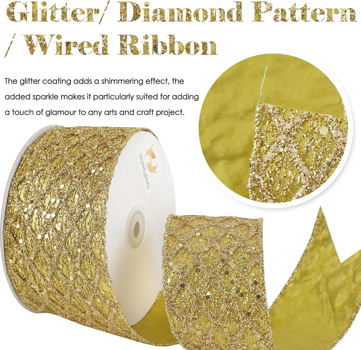 HUIHUANG Gold Glitter Wired Ribbon for Christmas Tree 2.5 inch Gold Diamond Mesh Ribbon for Tree Decoration, Wreaths, Garland, Gift Wrapping, Large Bows Making, Home Decor -10 Yards - Crafty Corner