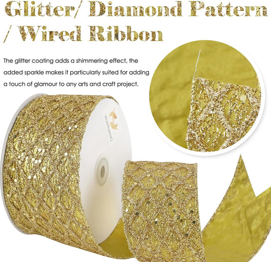 HUIHUANG Gold Glitter Wired Ribbon for Christmas Tree 2.5 inch Gold Diamond Mesh Ribbon for Tree Decoration, Wreaths, Garland, Gift Wrapping, Large Bows Making, Home Decor -10 Yards - Crafty Corner