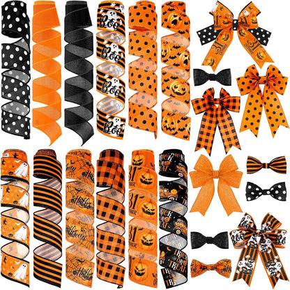 12 Rolls Halloween Wired Edge Ribbon for Wreaths 2 Inch x 60 Yards Bat Spider Web Pumpkin Print Ribbon Ghost Witch Hat Crafts for Halloween Party Decorative Supplies, 12 Styles - Crafty Corner