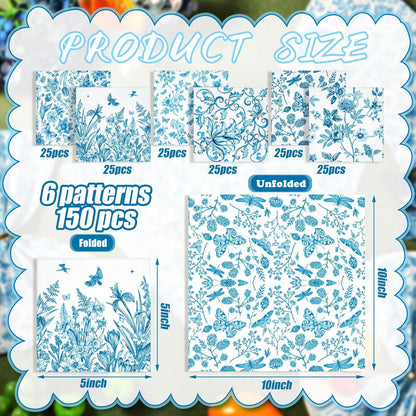 150 Pcs Blue Floral Cocktail Napkins 10 x 10 Inch 6 Styles Assorted Blue Flower Paper Disposable Napkins for Decoupage Home and Kitchen Bridal Baby Shower Tea Party Garden Party Birthday