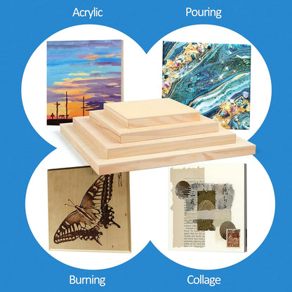Falling in Art Unfinished Birch Wood Canvas Panels Kit, 8 Pack of 4 Sizes Studio 3/4’’ Deep Cradle Boards for Pouring Art, Crafts, Painting, and More
