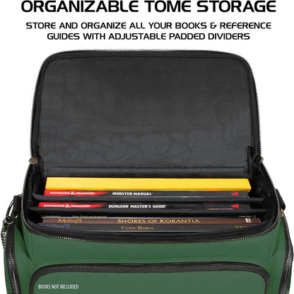 ENHANCE Collector's Edition RPG Adventurer's DnD Bag - Dragon Hide Exterior Travel RPG Bag with Tabletop Miniatures Storage Vault, Mat Holder, DnD Dice & Token Pockets, Fits 4-8 Books (Dragon Green)