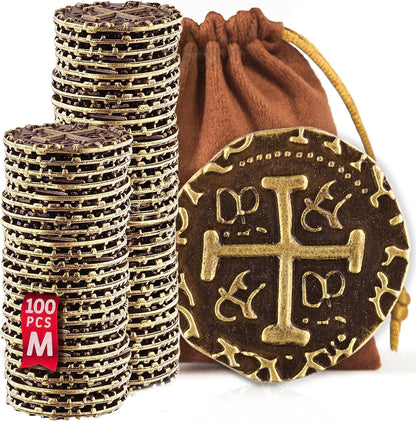 Large Metal Pirate Coins - 100 Bronze Treasure Coin Set, Metal Replica Spanish Doubloons for Pirate Party Decorations & Favors, Tokens, Toys, Cosplay - Pirate Treasure Chest, Diameter 7/8"