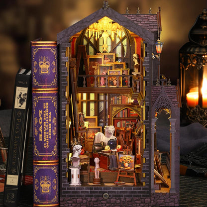 ISSEVE Book Nook Kit - DIY Miniature Dollhouse Booknook for Adults Teen, 3D Wooden Puzzle Tiny House Kit Bookshelf Decor, Gifts for Men Women Halloween Christmas Birthday (Art Studio)