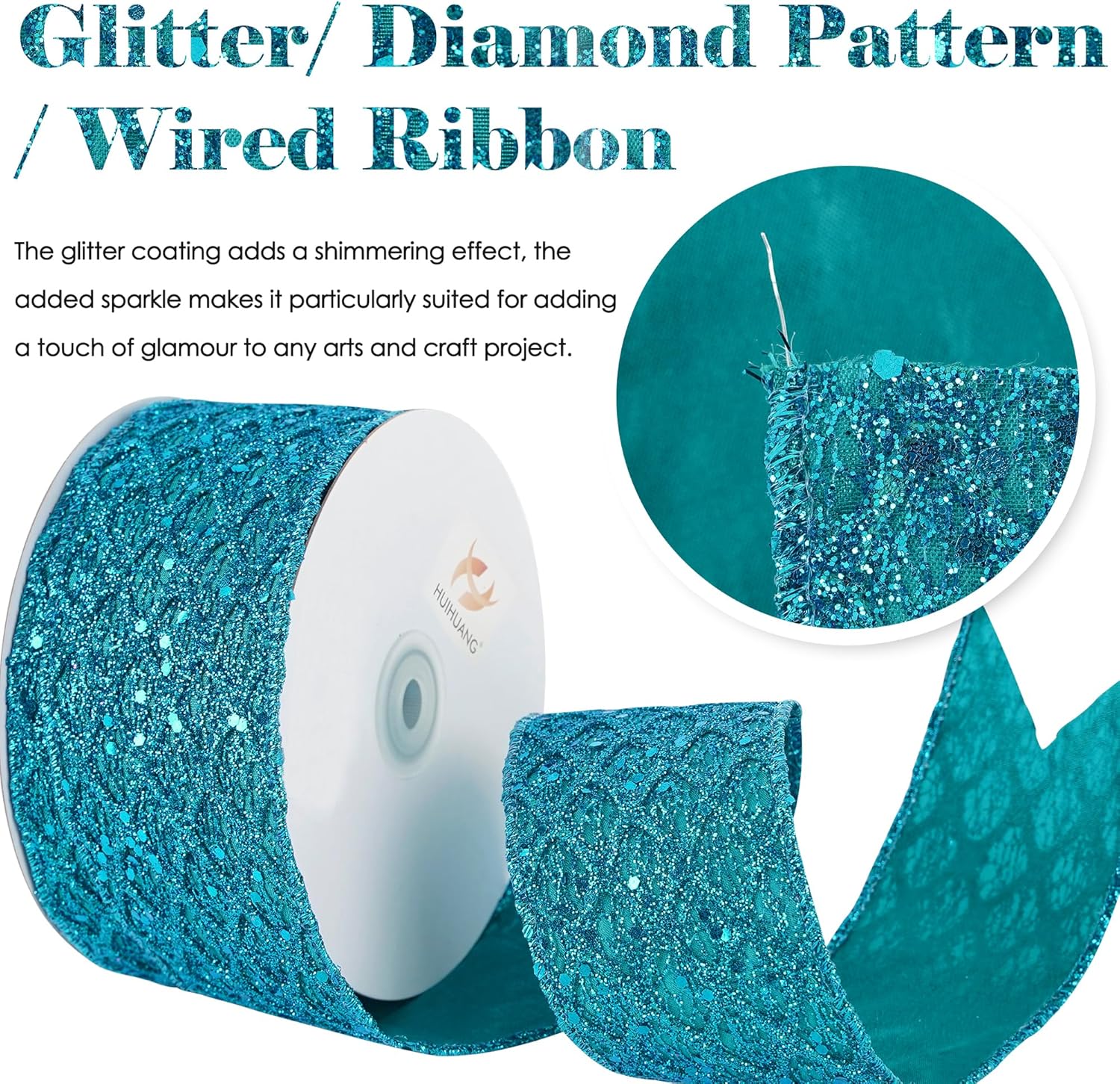 HUIHUANG Turquoise Glitter Wired Ribbon for Christmas Tree 2.5 inch Peacock Blue Diamond Mesh Ribbon for Tree Decoration, Wreaths, Garland, Gift Wrapping, Large Bows Making, Home Decor -10 Yards - Crafty Corner
