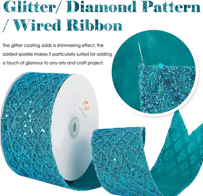 HUIHUANG Turquoise Glitter Wired Ribbon for Christmas Tree 2.5 inch Peacock Blue Diamond Mesh Ribbon for Tree Decoration, Wreaths, Garland, Gift Wrapping, Large Bows Making, Home Decor -10 Yards - Crafty Corner