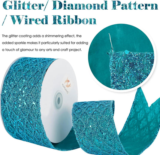 HUIHUANG Turquoise Glitter Wired Ribbon for Christmas Tree 2.5 inch Peacock Blue Diamond Mesh Ribbon for Tree Decoration, Wreaths, Garland, Gift Wrapping, Large Bows Making, Home Decor -10 Yards - Crafty Corner
