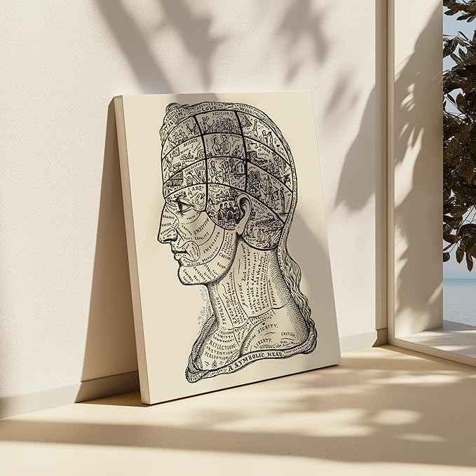 Poster Master A Symbolic Head Phrenology Print 1899 - Phrenology Canvas, Fine Art Print of a Scientific or Pseudoscience Academia Medical Illustration - 24x32 STRETCHED Canvas