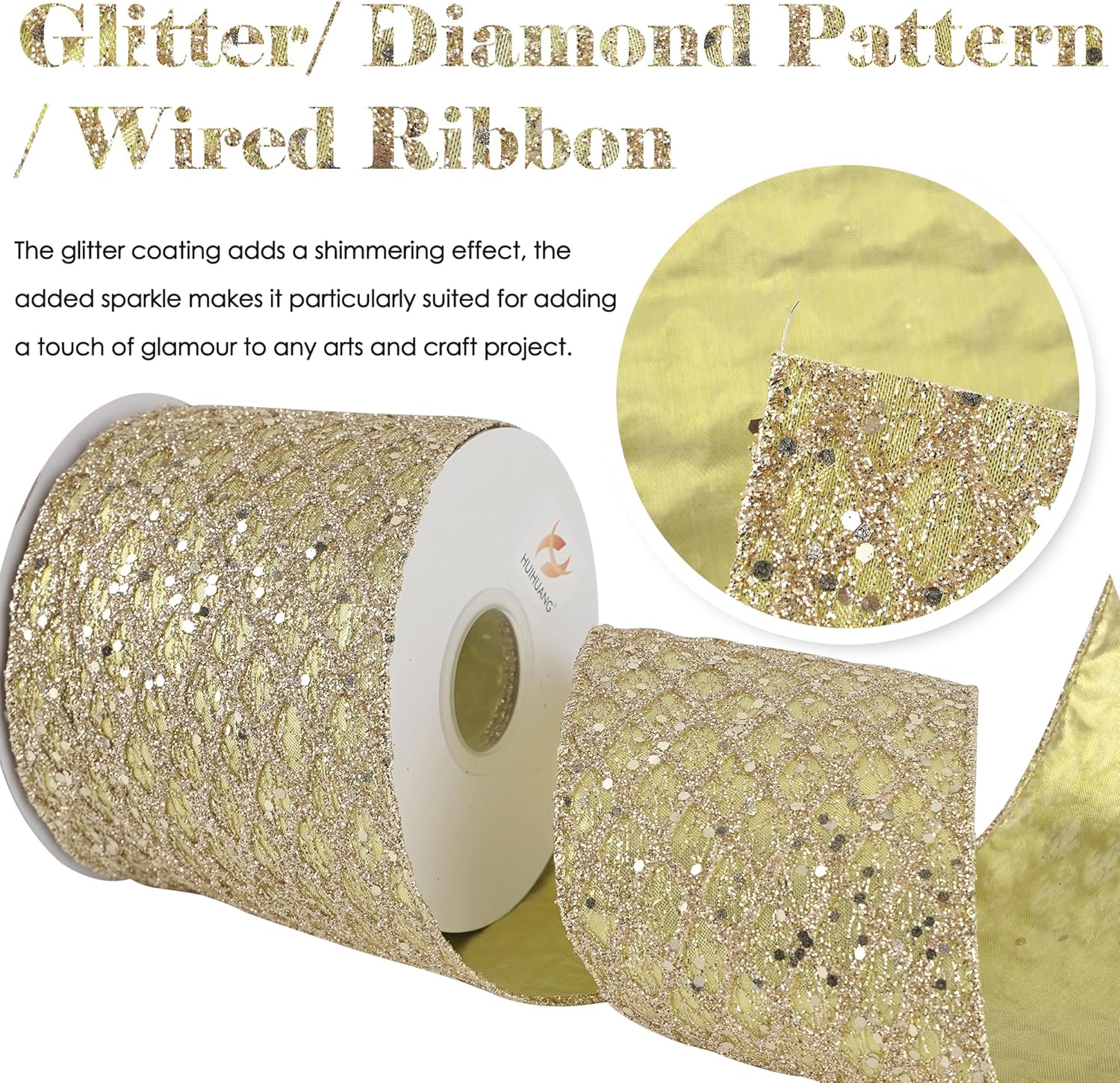 HUIHUANG Champagne Gold Christmas Ribbon 4 inch Glitter Wired Ribbon Diamond Mesh Wire Ribbon for X-mas Tree Decorations, Wreaths, Garland, Large Bows Making, Wedding Decor -10 Yards - Crafty Corner