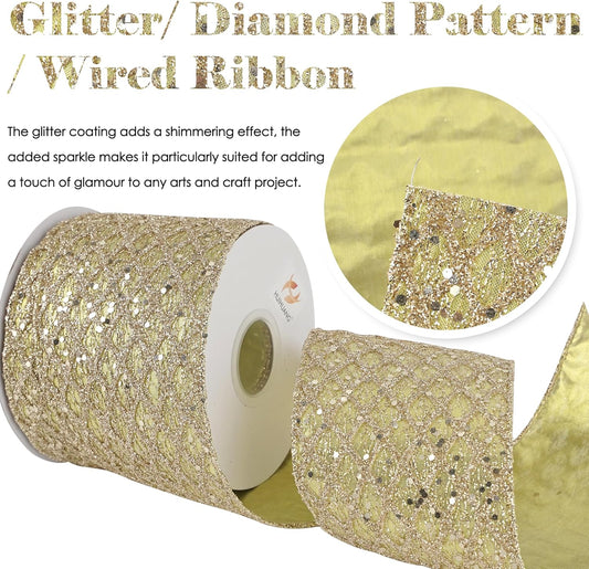 HUIHUANG Champagne Gold Christmas Ribbon 4 inch Glitter Wired Ribbon Diamond Mesh Wire Ribbon for X-mas Tree Decorations, Wreaths, Garland, Large Bows Making, Wedding Decor -10 Yards - Crafty Corner