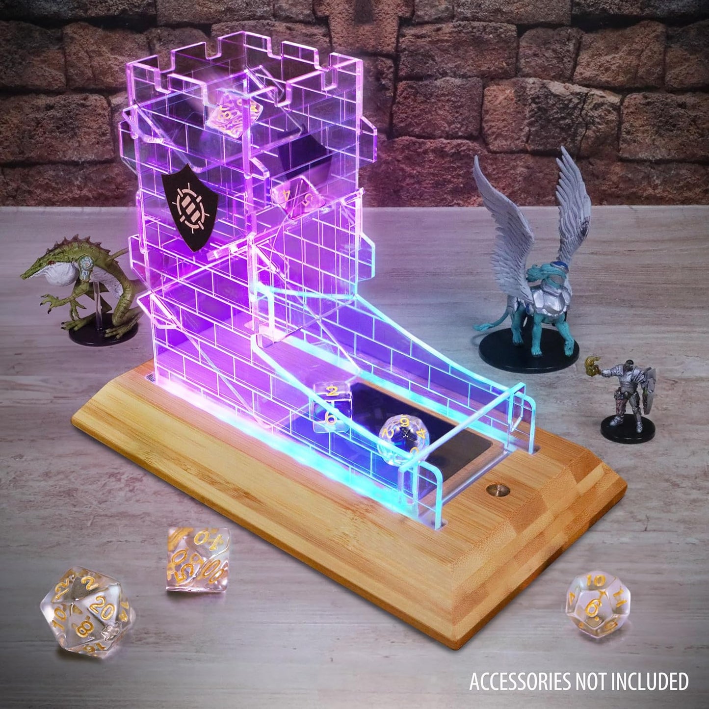 ENHANCE Tabletop LED Dice Tower with 7pc Dice Set for RPG Games - Clear Gaming Set, LED Lit Rolling Tray with Bamboo Base and Castle Tower Design, Roll Up to 14 at Once - Great for Game Night