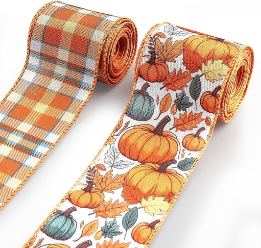 2 Rolls 2.5 Inch x 10 Yards Thanksgiving Fall Wired Ribbon for Craft Wreath Bow Making Pumpkin Autumn Leaves Ribbon Orange Plaid Burlap Ribbon for Wrapping Thanksgiving Party Home Decoration - Crafty Corner