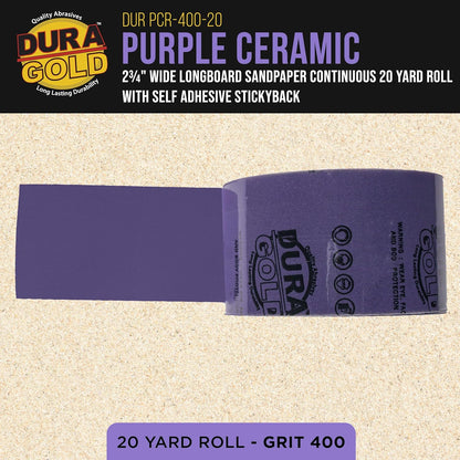 Dura-Gold Premium 400 Grit PSA Purple Film Ceramic Longboard Sandpaper, 2-3/4" Wide Continuous 20 Yard Roll - Self Adhesive Stickyback for Auto & Wood Air File Long Board Sanders, Hand Sanding Blocks