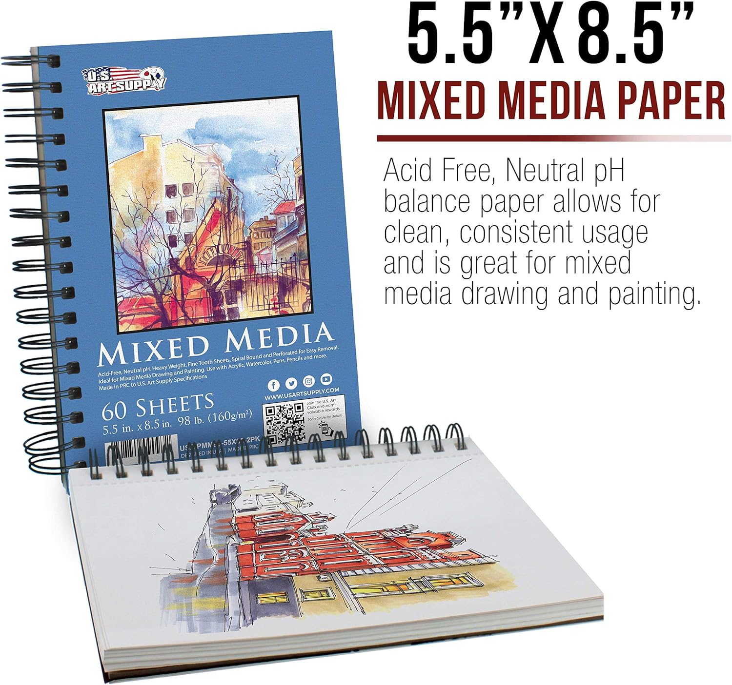 U.S. Art Supply 5.5"x8.5" Mixed Media Sketchbook, 2 Pack (60 Sheets), 98 lb (160 GSM) - Spiral-Bound Pad with Perforated Acid-Free Paper - Artist Sketch Book for Drawing, Painting, Watercolor - Crafty Corner