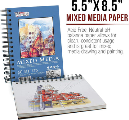 U.S. Art Supply 5.5"x8.5" Mixed Media Sketchbook, 2 Pack (60 Sheets), 98 lb (160 GSM) - Spiral-Bound Pad with Perforated Acid-Free Paper - Artist Sketch Book for Drawing, Painting, Watercolor - Crafty Corner
