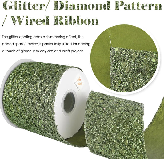 HUIHUANG Moss Green Wired Christmas Ribbon 4 inch Moss Glitter Wired Ribbon Diamond Mesh Wire Ribbon for X-mas Tree Decorations, Wreaths, Garland, Large Bows Making, Home Decor -10 Yards - Crafty Corner