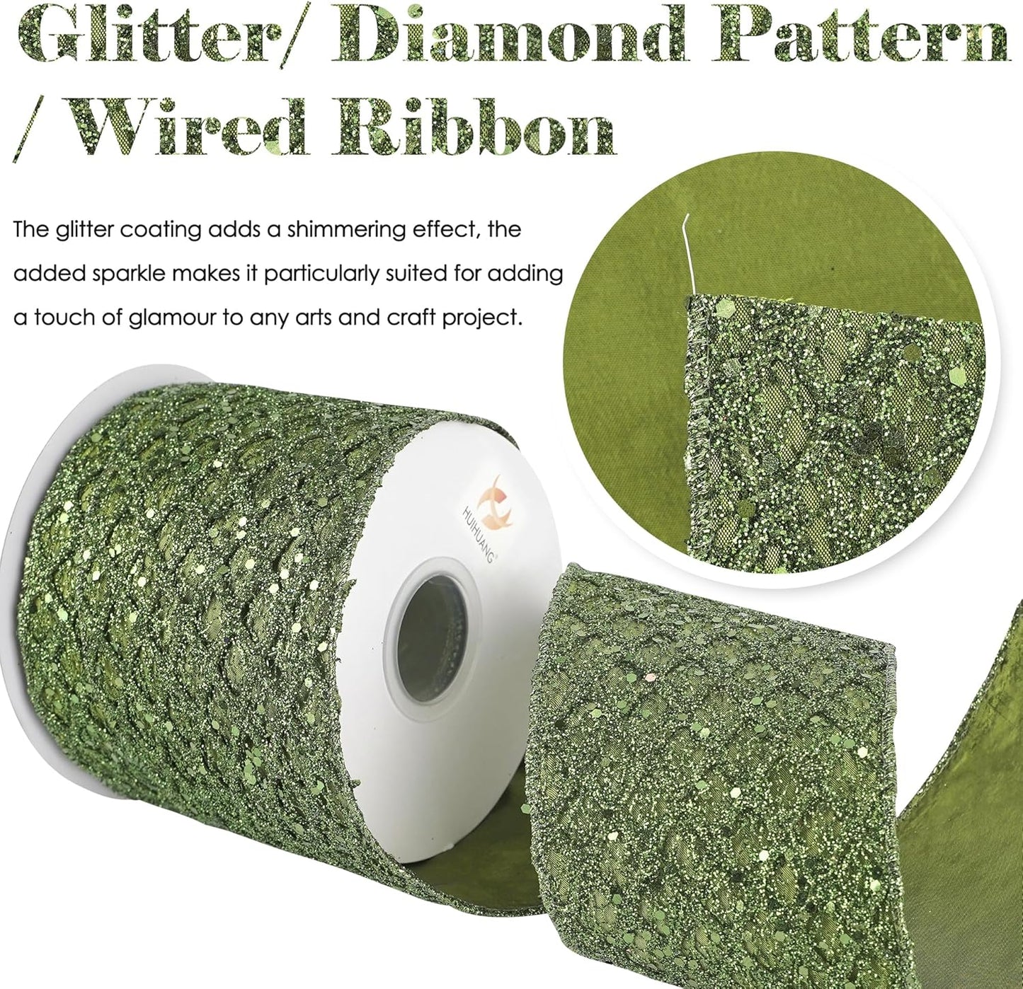 HUIHUANG Moss Green Wired Christmas Ribbon 4 inch Moss Glitter Wired Ribbon Diamond Mesh Wire Ribbon for X-mas Tree Decorations, Wreaths, Garland, Large Bows Making, Home Decor -10 Yards - Crafty Corner