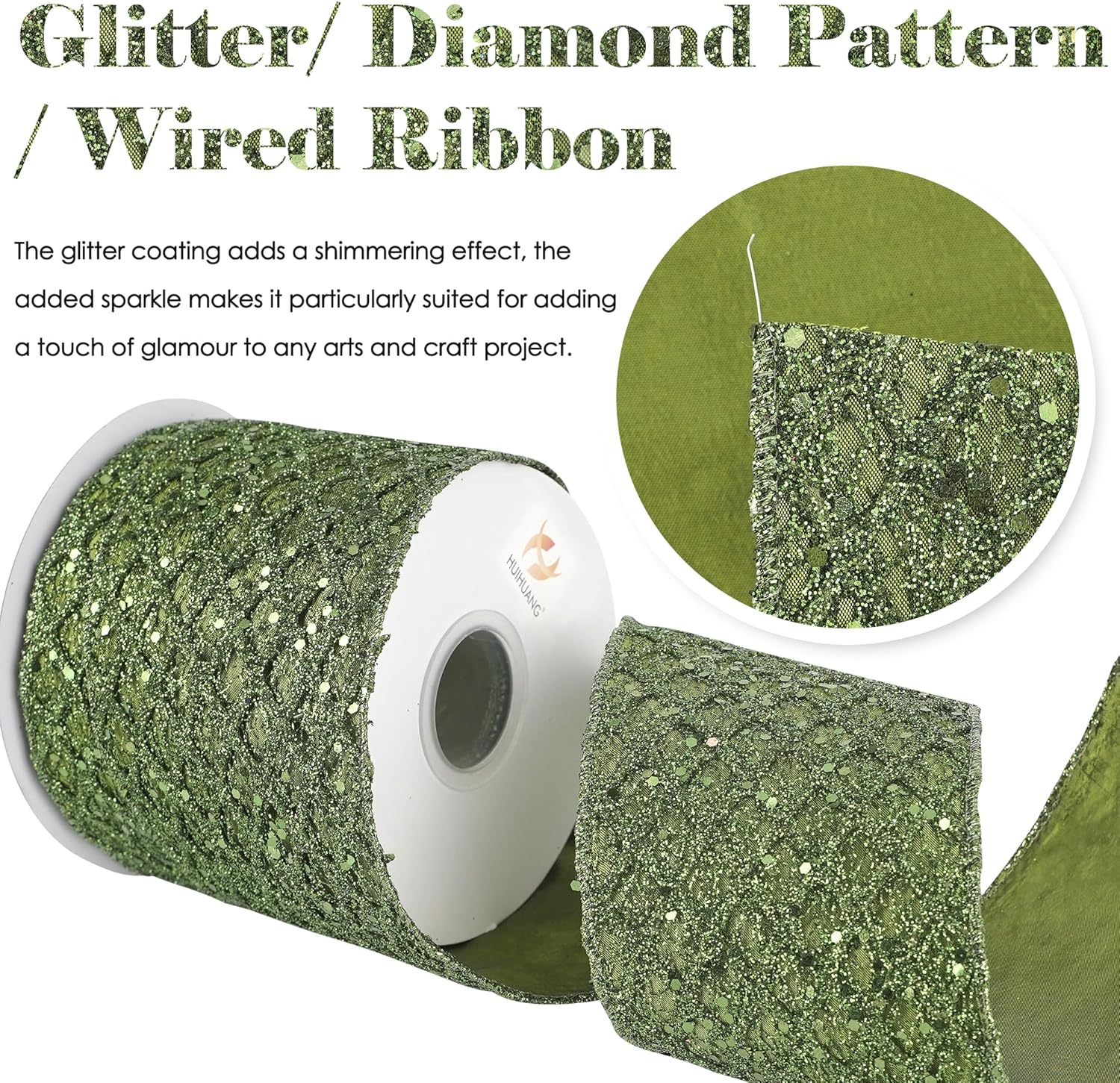 HUIHUANG Moss Green Wired Christmas Ribbon 4 inch Moss Glitter Wired Ribbon Diamond Mesh Wire Ribbon for X-mas Tree Decorations, Wreaths, Garland, Large Bows Making, Home Decor -10 Yards - Crafty Corner