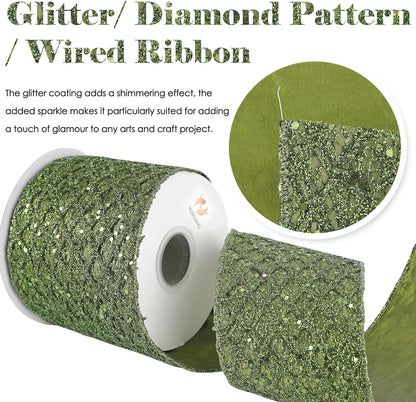 HUIHUANG Moss Green Wired Christmas Ribbon 4 inch Moss Glitter Wired Ribbon Diamond Mesh Wire Ribbon for X-mas Tree Decorations, Wreaths, Garland, Large Bows Making, Home Decor -10 Yards - Crafty Corner