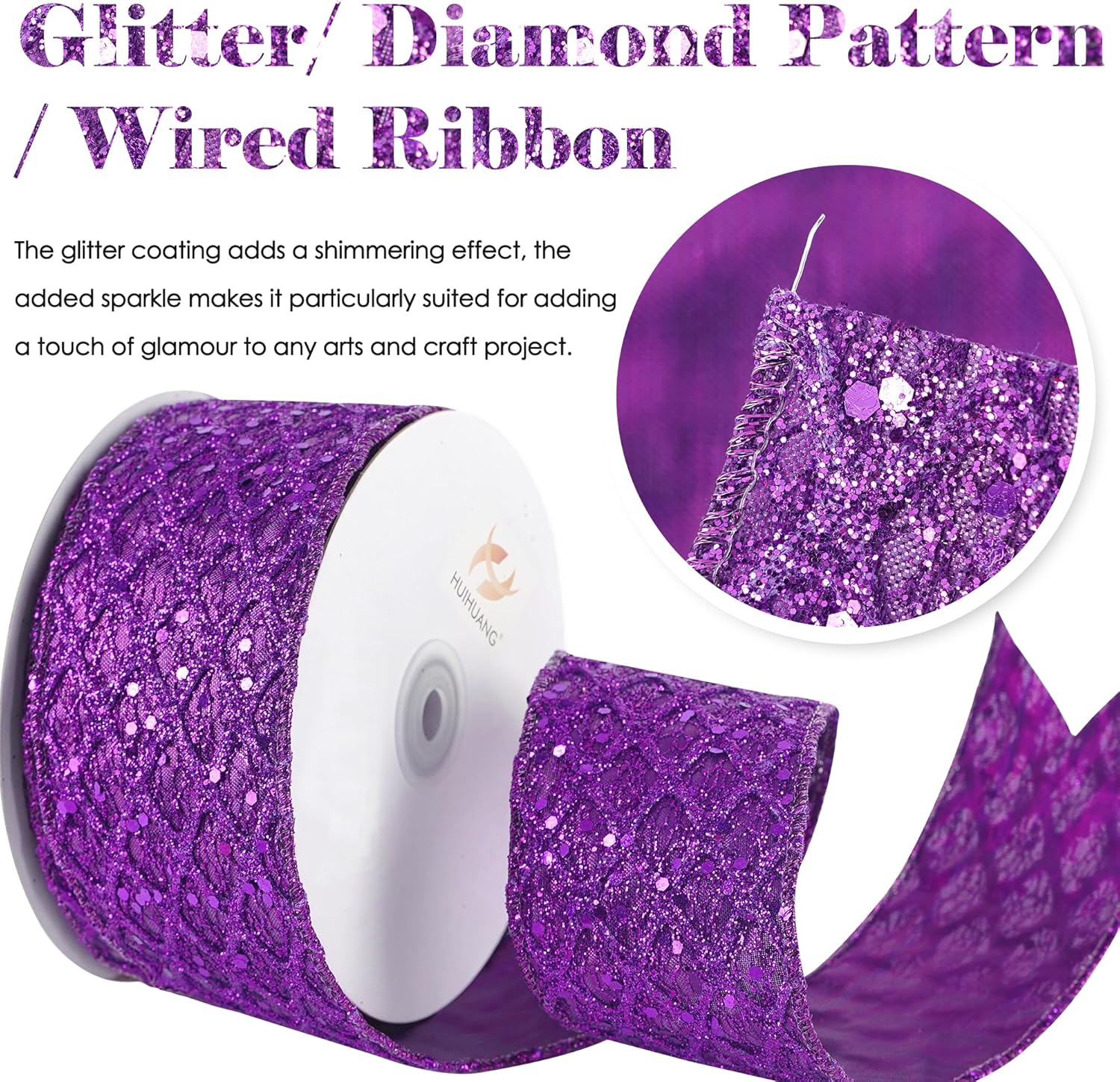 HUIHUANG Purple Wired Ribbon for Christmas Tree 2.5 inch Purple Glitter Diamond Mesh Ribbon for Tree Decoration, Wreaths, Garland, Gift Wrapping, Large Bows Making, Halloween Decor -10 Yards - Crafty Corner