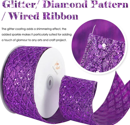 HUIHUANG Purple Wired Ribbon for Christmas Tree 2.5 inch Purple Glitter Diamond Mesh Ribbon for Tree Decoration, Wreaths, Garland, Gift Wrapping, Large Bows Making, Halloween Decor -10 Yards - Crafty Corner