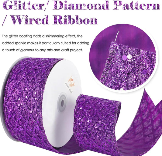 HUIHUANG Purple Wired Ribbon for Christmas Tree 2.5 inch Purple Glitter Diamond Mesh Ribbon for Tree Decoration, Wreaths, Garland, Gift Wrapping, Large Bows Making, Halloween Decor -10 Yards - Crafty Corner