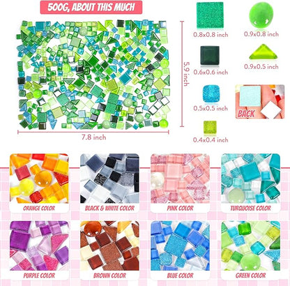 Glass Mosaic Tiles Crafts: Pre-Cut Waterproof 300 Pieces Green for DIY Outdoor Home & Garden Art Projects - Decor Patio Stepping Stones Kits - Mother Gifts & Family Bonding Activities