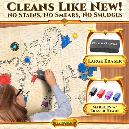 10 DND Game Mats and a lot More - Includes 6 Dungeons & Dragons Board Game Battle Maps (1" Square Grid), Huge Size 22x26-4 3D Battle Arenas, 140+ Reusable Stickers, 4 Markers & Eraser, by EverGame