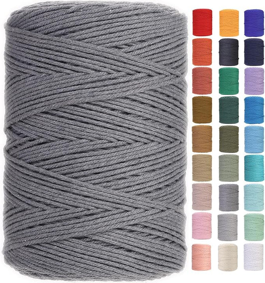 Cotton Macrame Cord 3mm x 546yards Natural Colored Macrame Supplies, Soft Craft Cotton Rope for Plant Hanger Wall Hanger Dreamcatcher (Dark Grey)