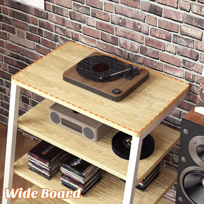 AV Media Stand with Outlets, Media Console with LED Lights, Stereo Racks and Stands with Storage Shelves, Media Audio Tower Cabinet, Natural Oak and White