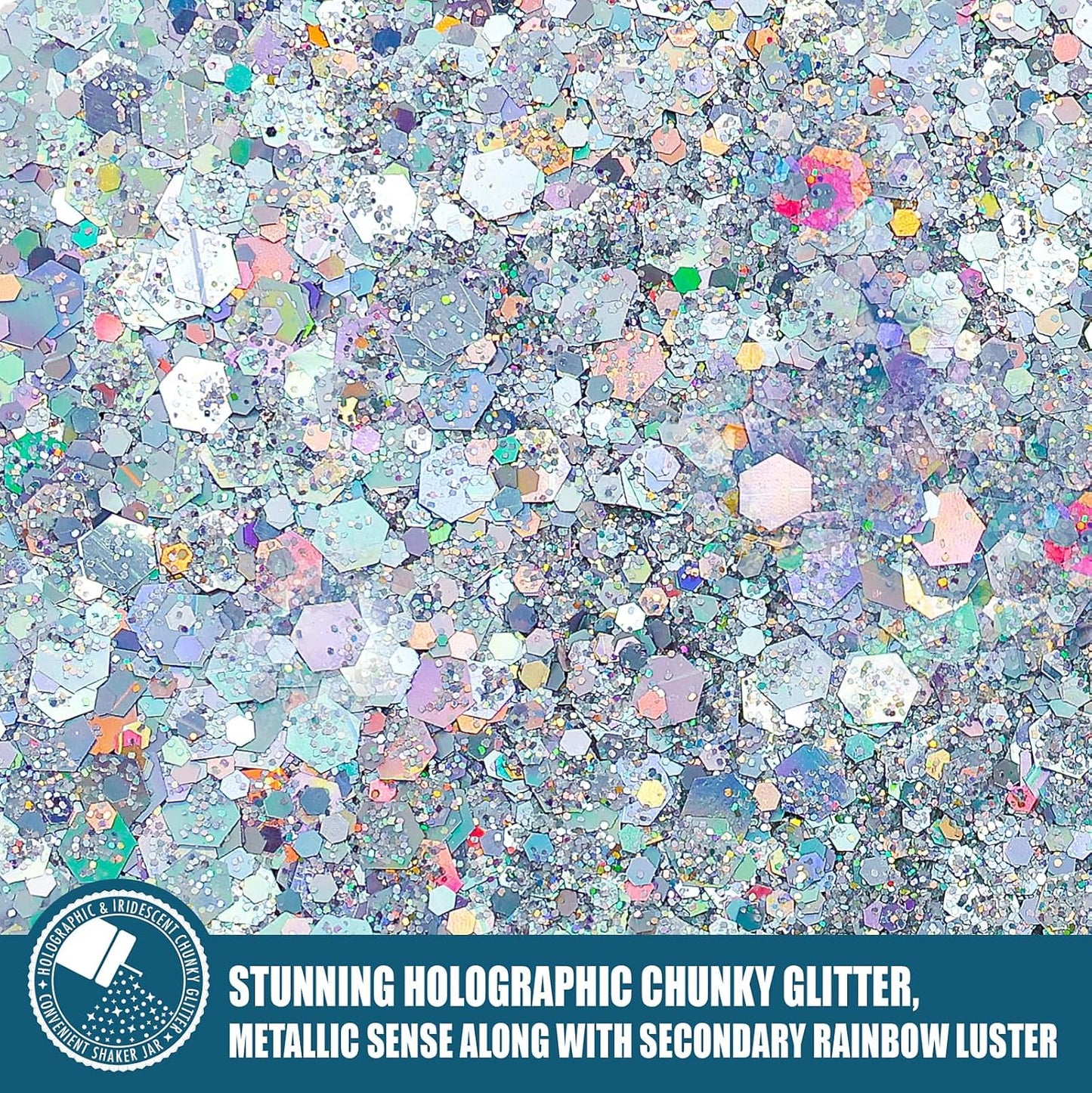 Holographic Chunky Glitter, 5.64oz/160g Craft Glitter Powder Mixed Chunky & Fine Flakes, Iridescent Sequins for Nail Art, Hair, Body, Eye Epoxy Resin, Tumblers, Painting, Festival Decor (Silver)