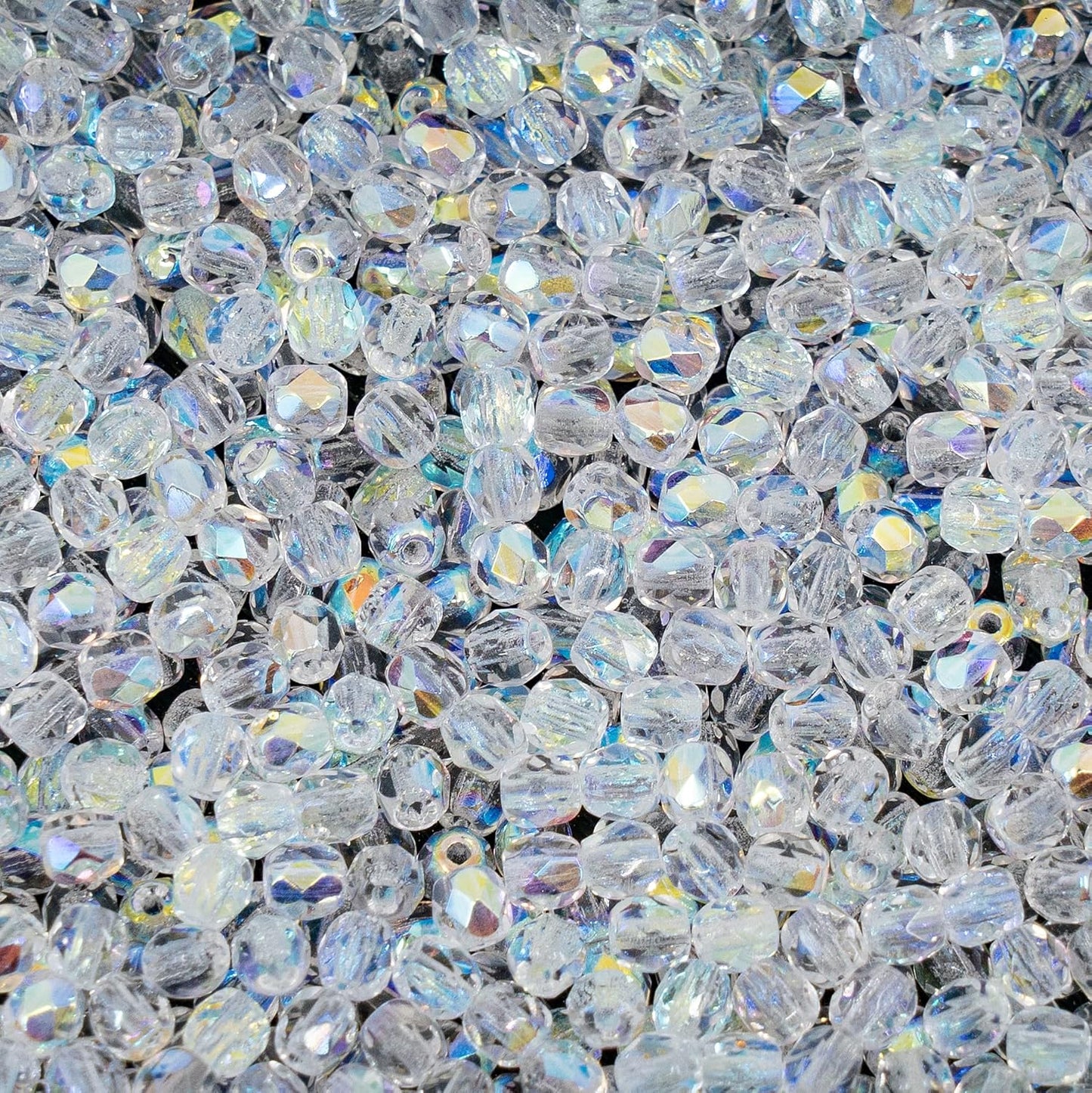0.88oz (600+ pcs) Faceted Fire Polished Pressed Czech Glass Beads 3mm (0.12in), Crystal AB 00030-28701