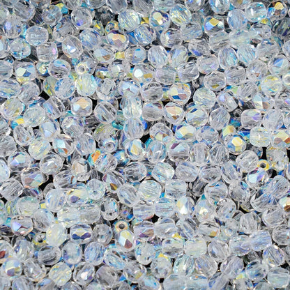 0.88oz (600+ pcs) Faceted Fire Polished Pressed Czech Glass Beads 3mm (0.12in), Crystal AB 00030-28701